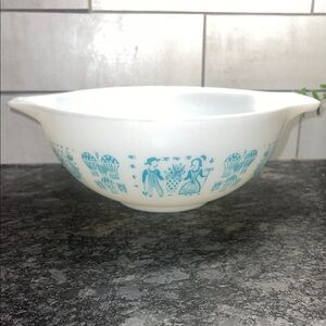 Vintage White Butterprint Pyrex Cinderella Mixing Bowl w/Blue Folk Art Design
